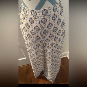 BCBG White Pants with Blue and Gold Geometric Pattern